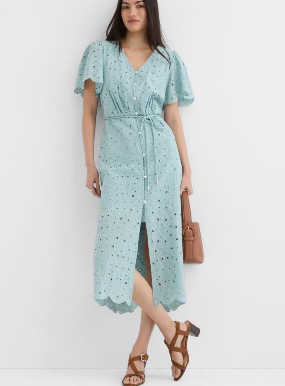Loft blue eyelet cap sleeve dress tie waist size small petite